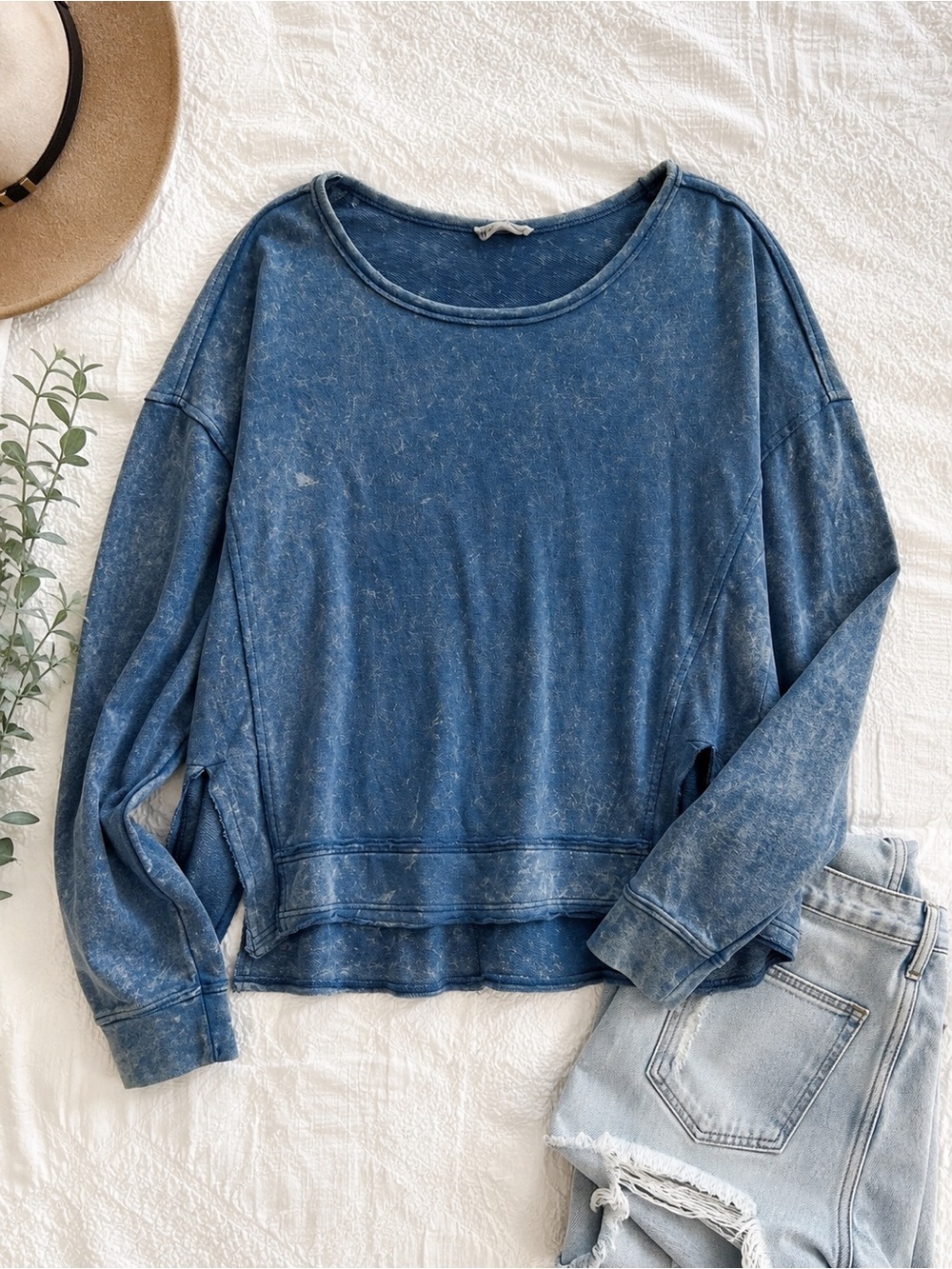New In Acid Washed Blue Long Sleeve Women's Top